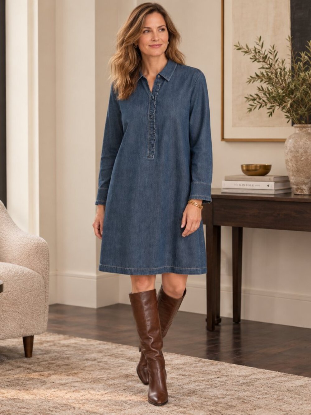 Lafayette 148 Womens Denim Shirt Dress Large Blue Western Quiet Luxury Preppy